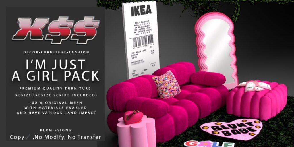 I'm Just a Girl Pack Furniture &amp; Decor	<a href="http://maps.secondlife.com/secondlife/Tender%20Love/164/160/1162" target="_blank">Teleport</a>