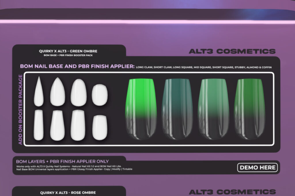 Green Ombre Nails Base - BOM	<a href="http://maps.secondlife.com/secondlife/aika%20mainstore/127/43/11" target="_blank">Teleport</a>