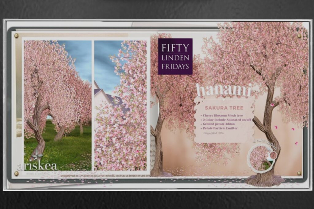 Sakura Tree	<a href="http://maps.secondlife.com/secondlife/xoxo/116/91/41" target="_blank">Teleport</a>