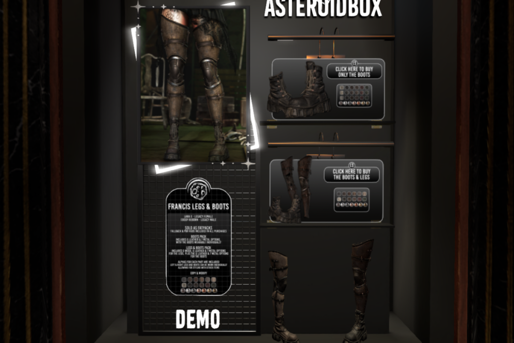 Francis Legs and Boots - Legacy F+M/MaitreyaX/Reborn/+mods, L$250-L$599 each