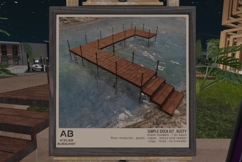 Dock Kit	<a href="http://maps.secondlife.com/secondlife/Atelier/26/107/21" target="_blank">Teleport</a>