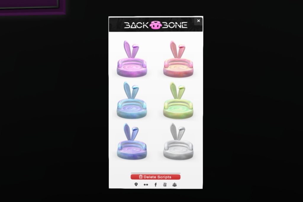 Inflatable Bunny Chair	<a href="http://maps.secondlife.com/secondlife/BackBone/30/178/2106" target="_blank">Teleport</a>