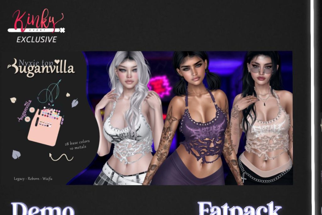 Nyxie Top - Legacy/Reborn/+mods, L$290 each/L$1399 FP
