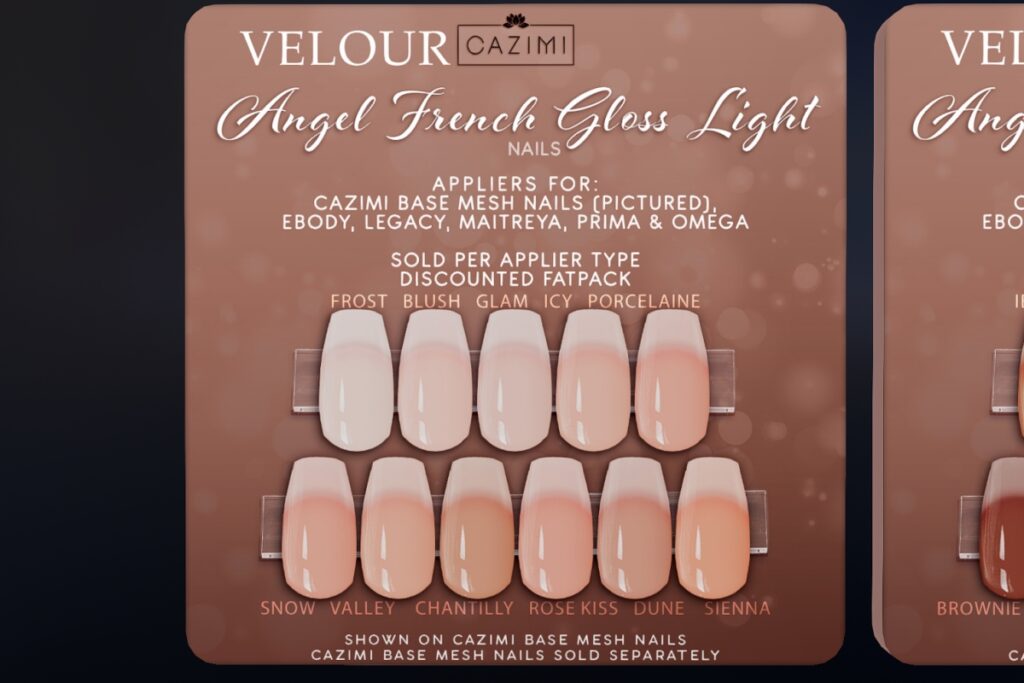 Angel French Gloss Light Nails - Cazimi Nails/Legacy/Maitreya/Omega/Prima/Reborn, L$99 each/L$275 FP