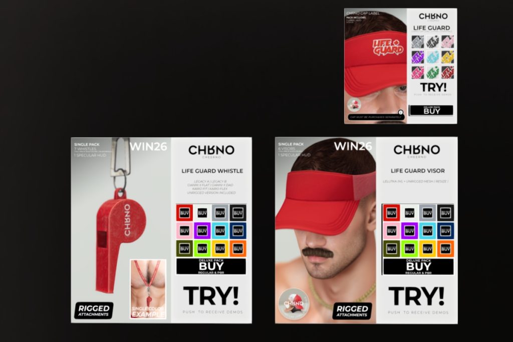 Lifeguard Cap, L$125 | Lifeguard Visor, L$245 each/L$1773 FP | Lifeguard Whistle, L$225