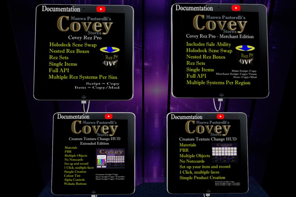 Rez Pro &amp; Merchant Edition, L$800-1500 each | Texture Change HUD &amp; Extended Version, L$2000-L$3000 each