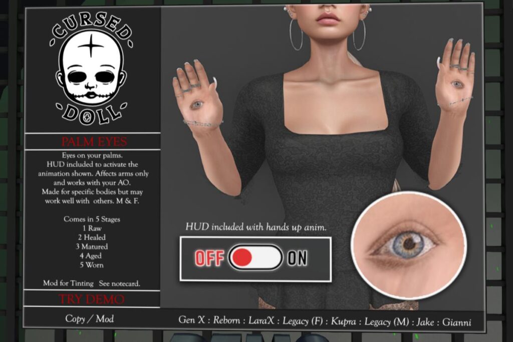 Palm Eyes Tattoo - Gianni/Inithium/Jake/Legacy F+M/MaitreyaX/Reborn, L$198