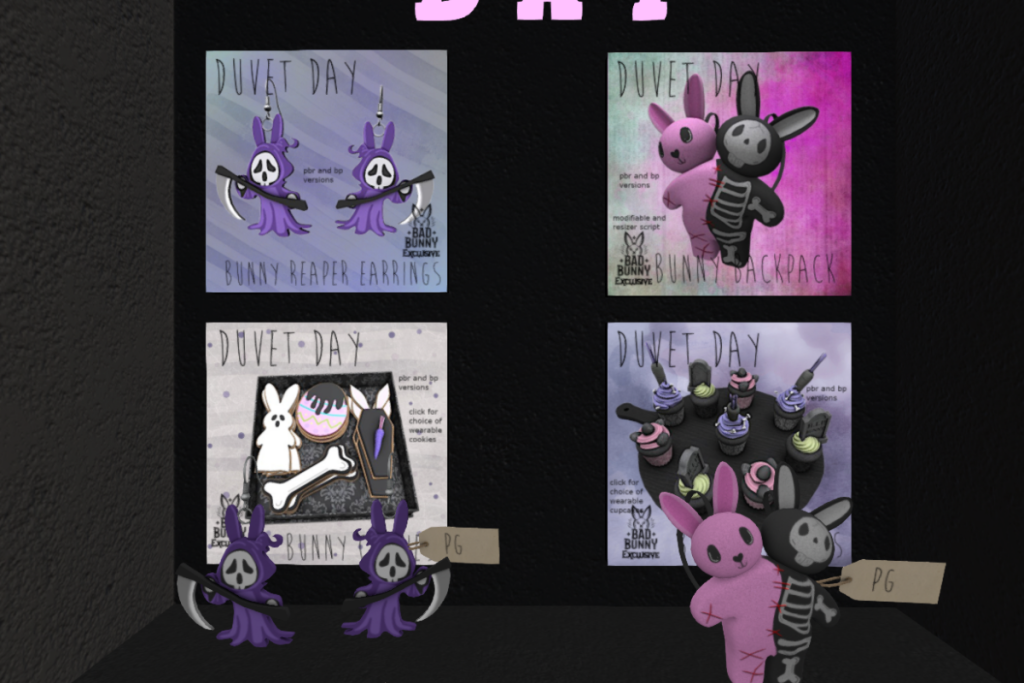 Bunny Reaper Earrings, L$190 | Bunny Backpack, L$190 | Bunny Cookies, L$150 | Bunny Cupcakes, L$150