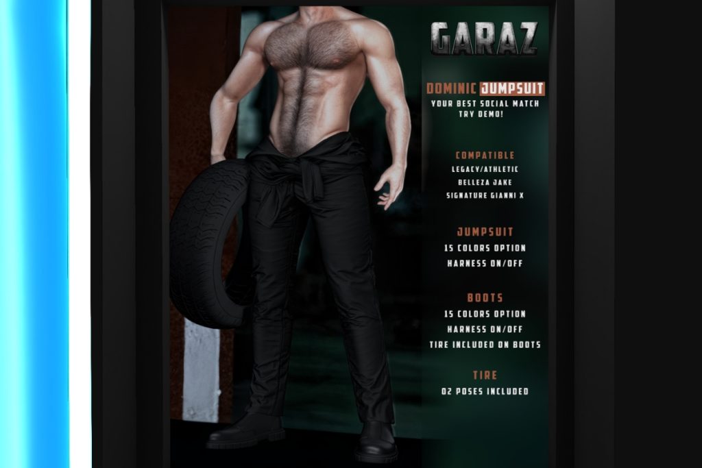 Dominic Jumpsuit &amp; Boots - GianniX/Jake/Legacy/+mods, L$180-L$300 each/L$980-L$2100 each FP