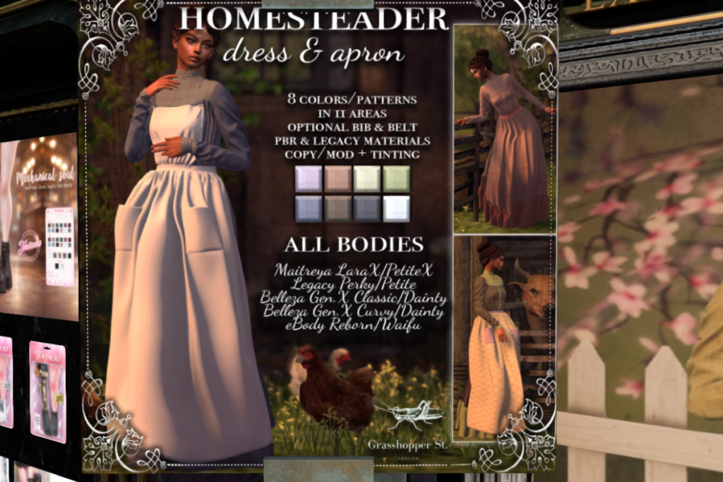 Homesteader Dress &amp; Apron - GenX/Legacy/MaitreyaX/Reborn/+mods, L$323 each/L$1125 FP