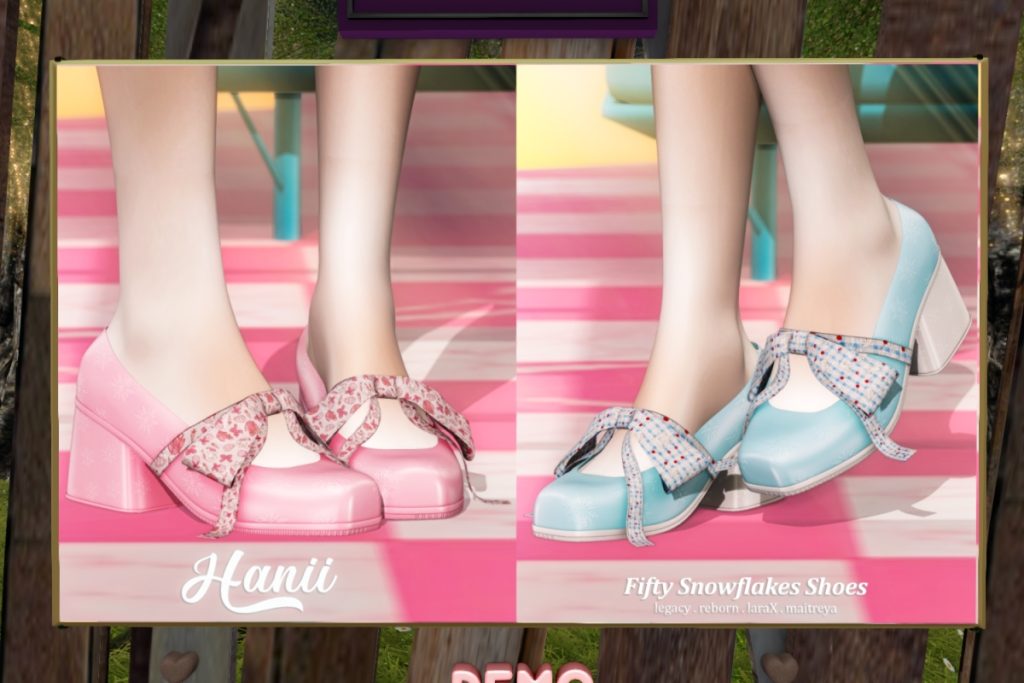 Snowflakes Shoes - Legacy/MaitreyaX/Reborn	<a href="http://maps.secondlife.com/secondlife/Sapphos%20Garden/80/123/21" target="_blank">Teleport</a>