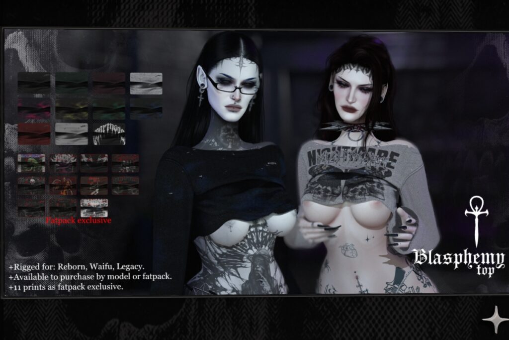 Blasphemy Top - Legacy/MaitreyaX/Reborn/+mods, L$300 each/L$1475 FP/L$2350 MP