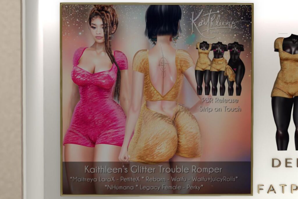 Kaithleen's Glitter Trouble Romper - Legacy/MaitreyaX/Nhumana/Reborn/+mods, L$288 each/L$1488 FP