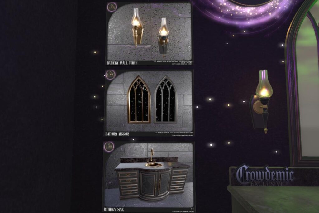 Bathory Wall Torch, L$250 |  Bathory Mirror, L$250 | Bathory Sink, L$350 | Bathory Skin Set Fatpack, K$750