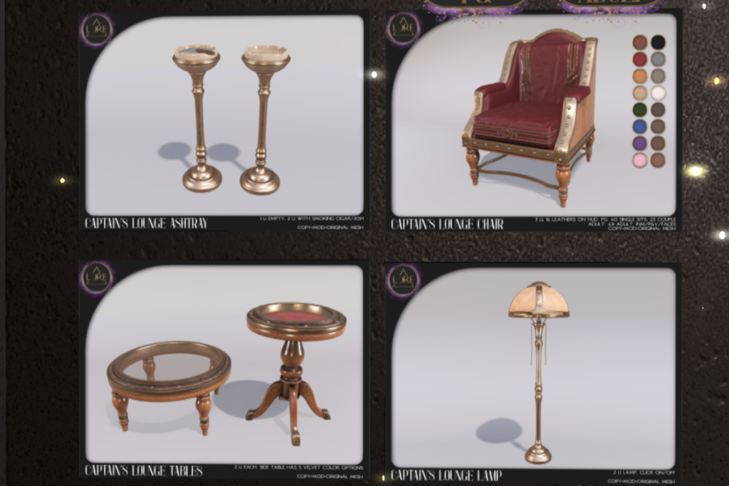 Captain's Lounge Ashtray, Chair, Tables and Lamp, L$125-L$1200 each