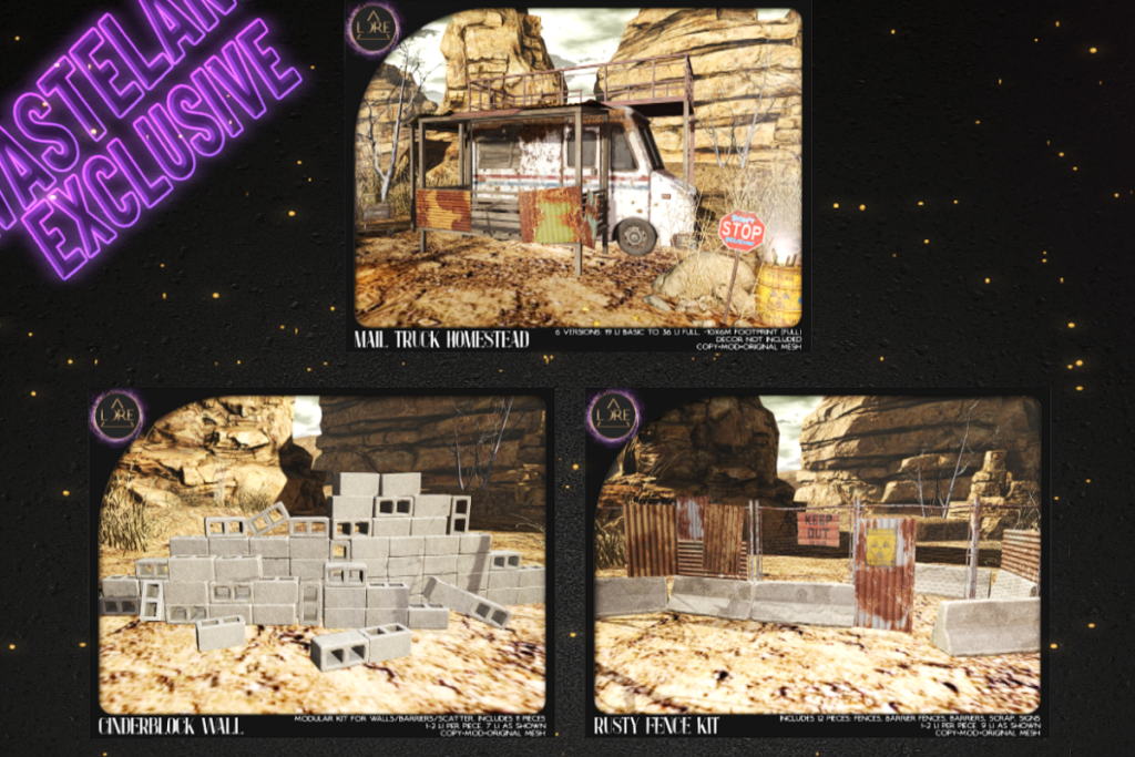 Mail Truck Homestead, L$500 | Cinderblock Modular Wall, L$250 | Rusty Fence Kit, L$400