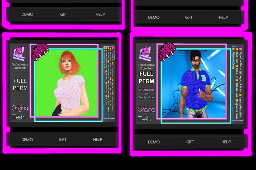 Full Perm Woman Crop T-Shirt - See Ad for Fits, L$299 | Full Perm Men Retro Polo Shirt - See Ad for Fits, L$399