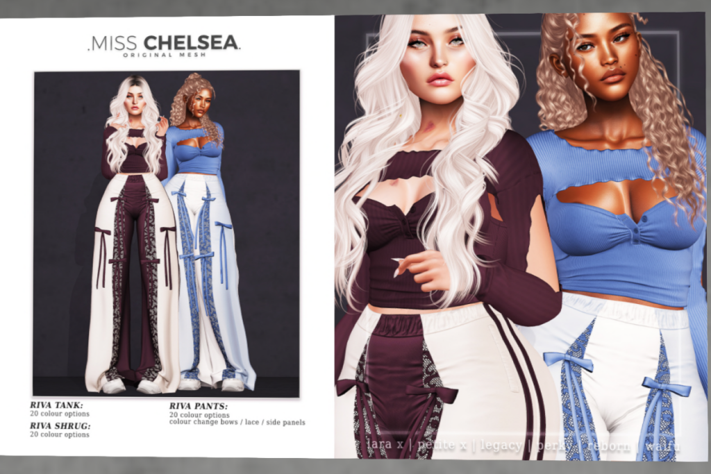 Riva Shrug, Tank, &amp; Pants - Legacy/MaitreyaX/Reborn/+mods, L$250-L$500 each/L$1499 each FP/L$2999 MP