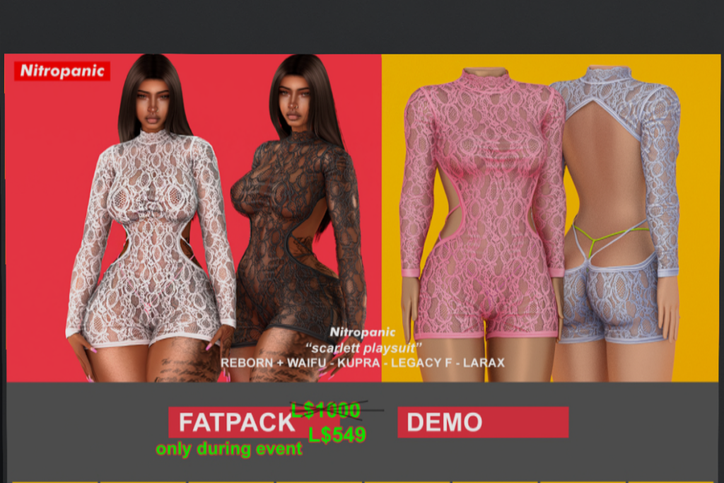 Scarlett Playsuit - Inithium/Legacy/MaitreyaX/Reborn/+mods, L$249 each/L$549 FP