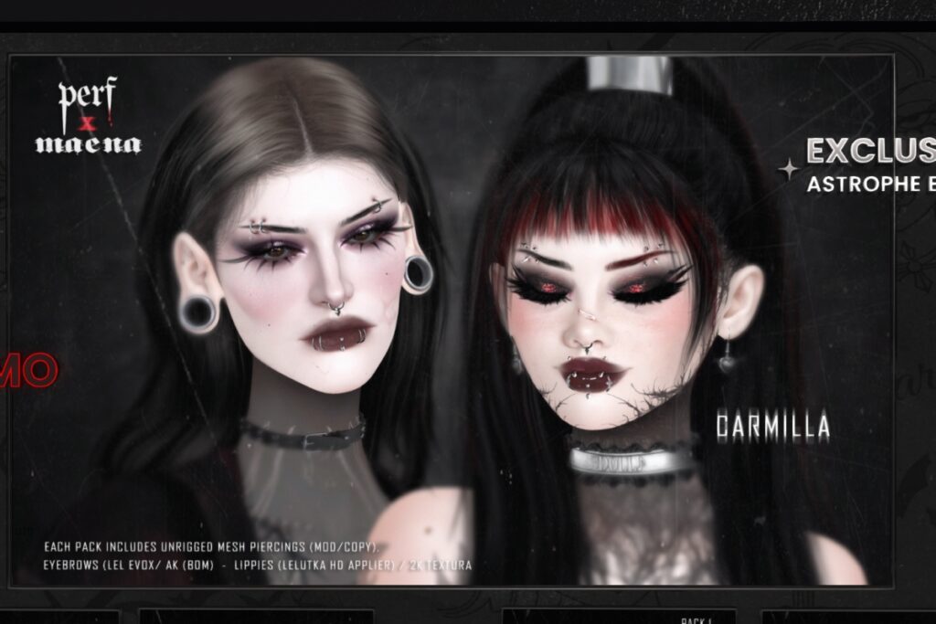 Carmilla Eyebrows - EvoX, L$499 each | Carmilla Lip Piercing + Lipstick - EvoX, L$499 each
