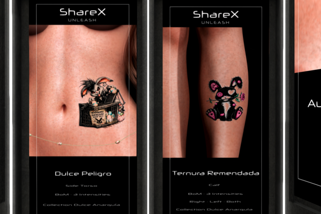 Dulce Peligro Side Torso Tattoo - BOM, L$200 | Ternura Remendada Calf Tattoo - BOM, L$200
