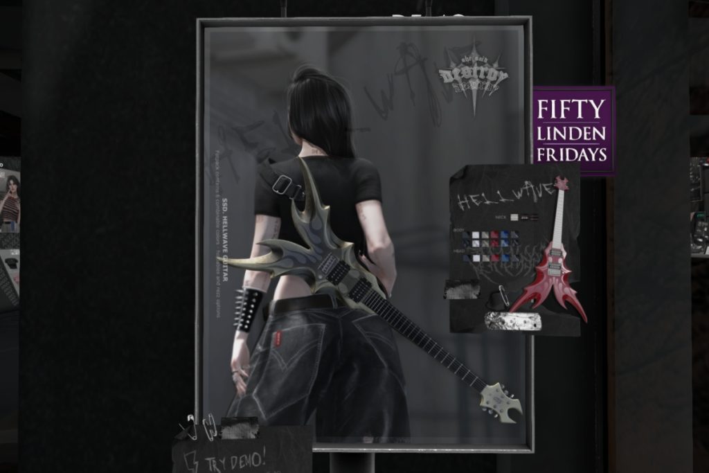 Hellwave Guitar	<a href="http://maps.secondlife.com/secondlife/Shadows/176/193/25" target="_blank">Teleport</a>