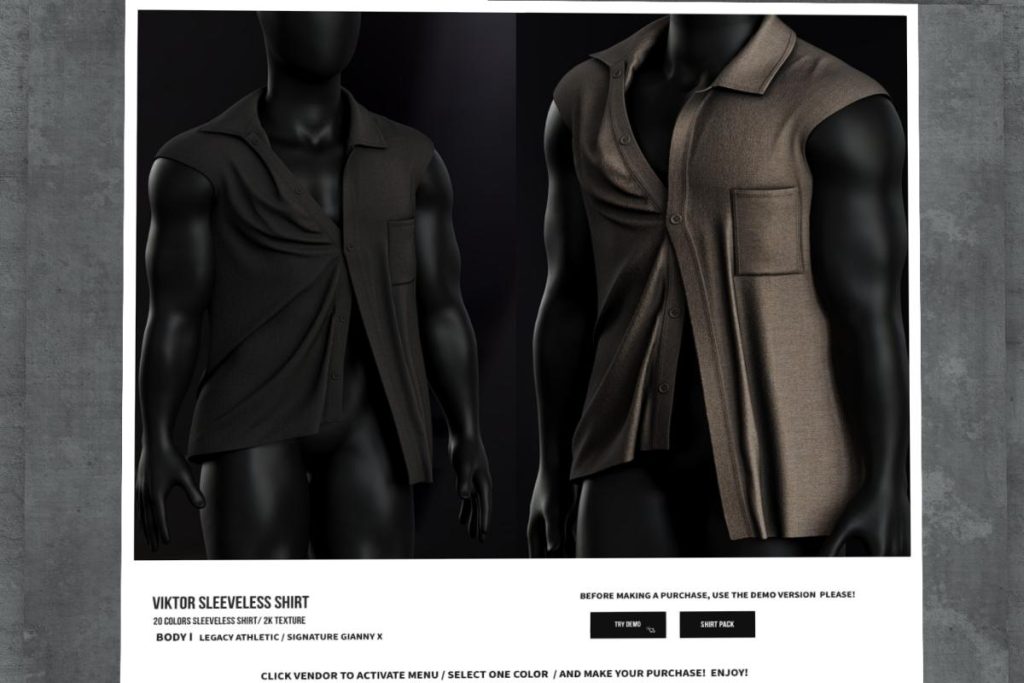 Viktor Sleeveless Shirt - GianniX/Legacy/+mods, L$399 each/L$2399 FP