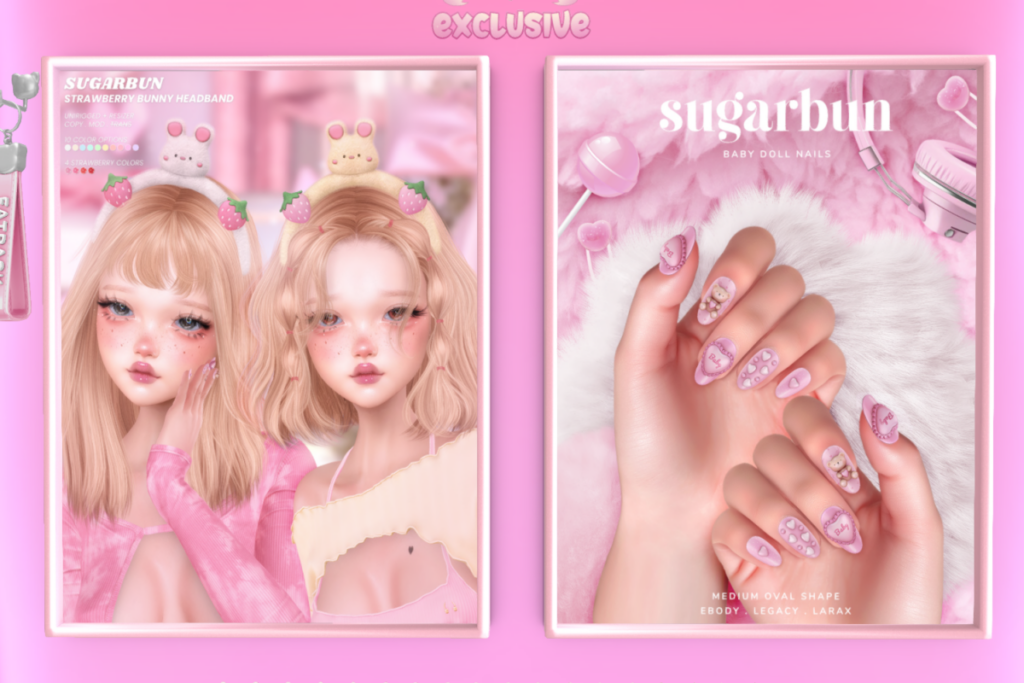 Baby Doll Nails - Legacy/MaitreyaX/Reborn, L$249 | Strawberry Bunny Headband, L$125 each