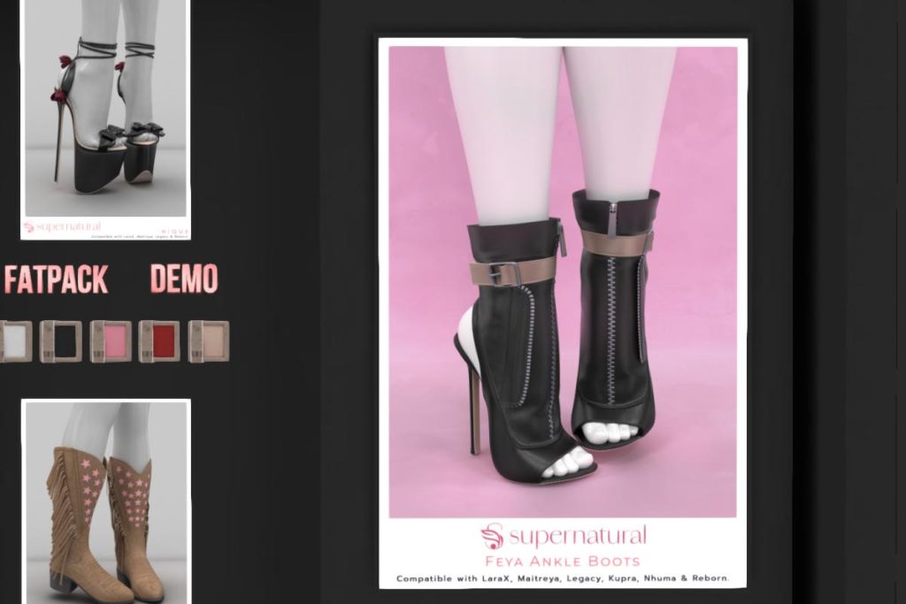 Feya Ankle Boots - Inithium/Legacy/Maitreya/Nhumana/Reborn/+mods, L$218 each/L$1218 FP