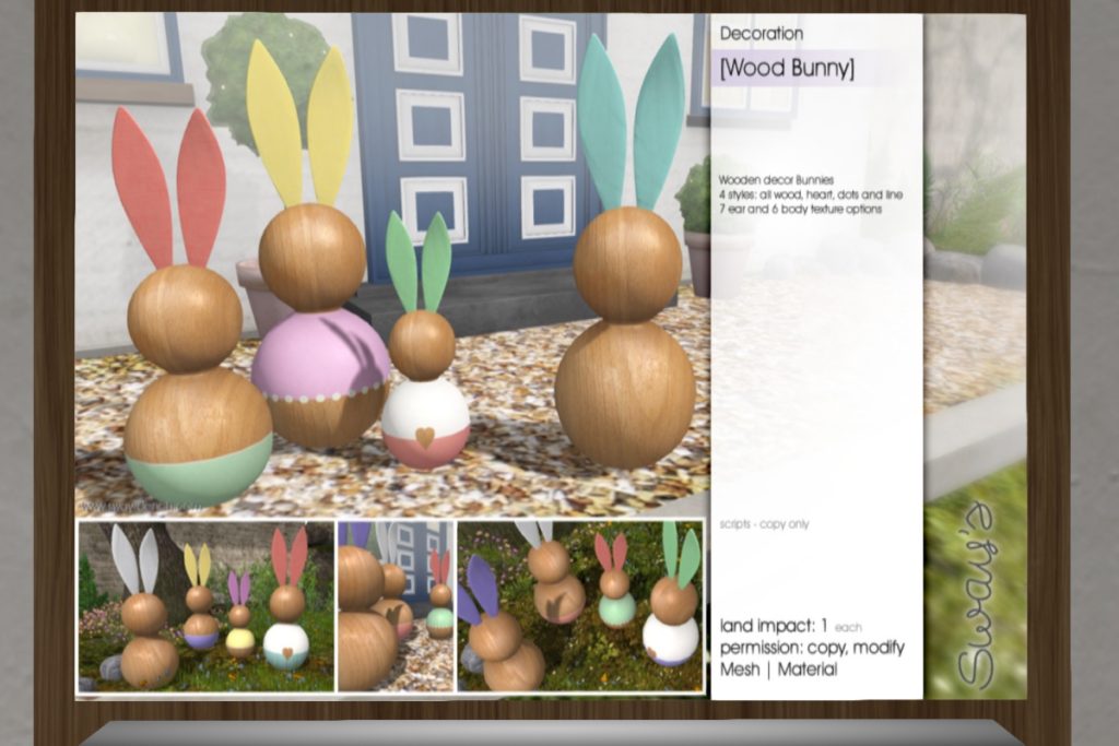 Decoration Wood Bunny	<a href="http://maps.secondlife.com/secondlife/SwayLand/125/125/27" target="_blank">Teleport</a>