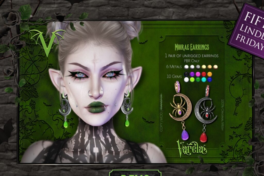 Moirae Earrings	<a href="http://maps.secondlife.com/secondlife/Silver%20Moon/223/179/1434" target="_blank">Teleport</a>
