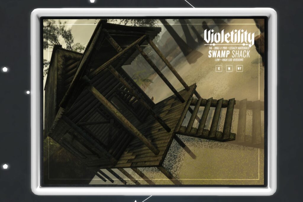 Swamp Shack	<a href="http://maps.secondlife.com/secondlife/Violetility/128/166/23" target="_blank">Teleport</a>