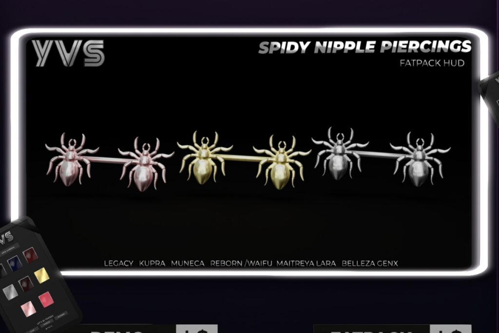Spidy Nipple Piercings - GenX/Inithium/Legacy/Maitreya/Reborn/Yentements/+mods, L$799