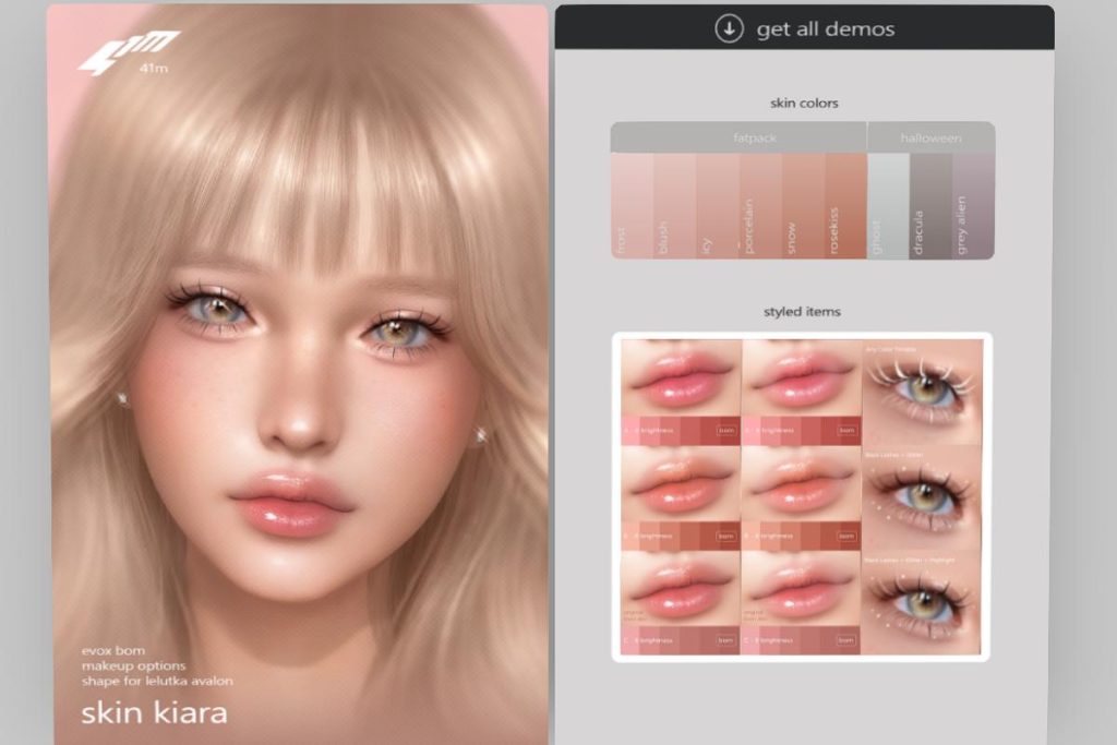 Kiara Skin - EvoX, L$799 each | Kiara Lips and Lashes - EvoX, L$199-L$299 each