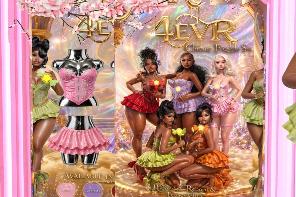 Chrome Princess Bustier, Skirt and Heels - Legacy/Reborn, L$250-L$300 each/L$999-L$1100 each FP/L$2500 MP