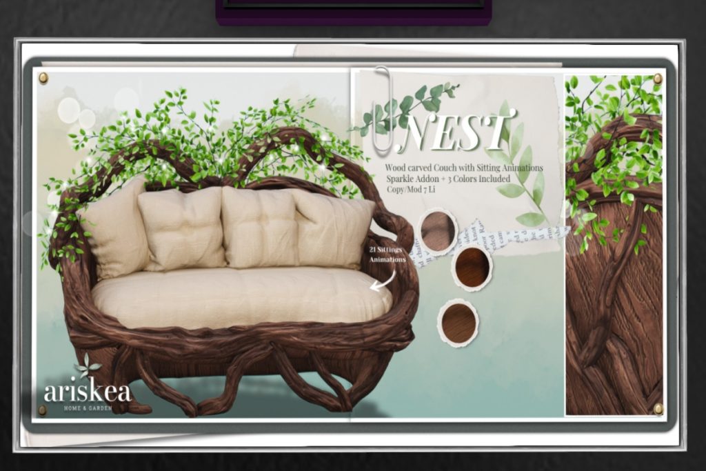 Wood Carved Couch	<a href="http://maps.secondlife.com/secondlife/xoxo/116/91/41" target="_blank">Teleport</a>