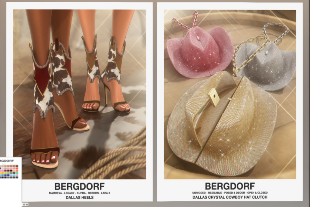 Dallas Heels - Inithium/Legacy/Maitreya/Reborn/+mods, L$199 each/L$899 FP | Dallas Crystal Cowboy Hat Clutch, L$199 each/L$699 FP