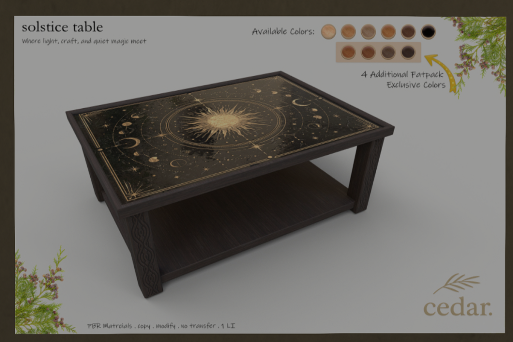 Solstice Table, L$299 each/L$499