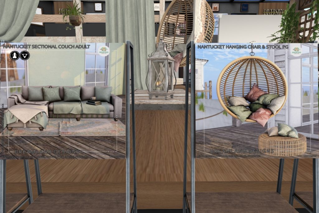 Nantucket Pergola, Hanging Chair &amp;Sectional Couch, L$399-L$899 each