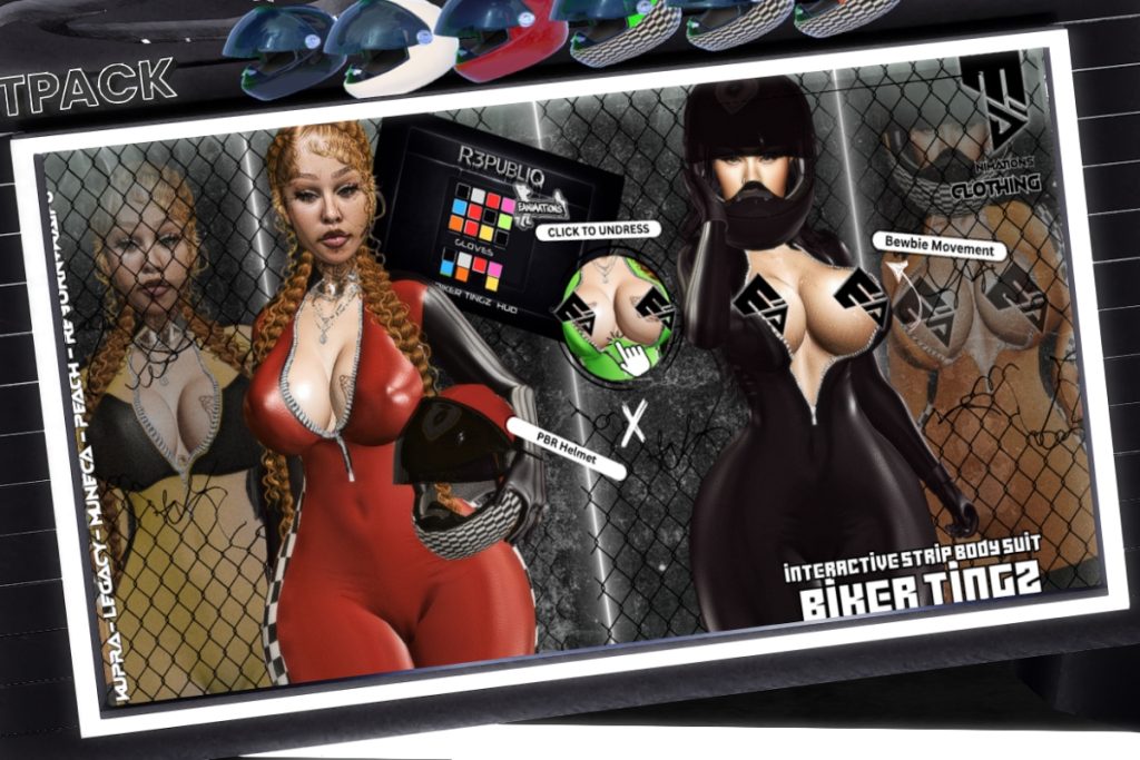 Biker Thingz Interactive Bodysuit &amp; Helmet - Inithium/Legacy/Peach/Reborn/Yentements/+mods, L$200-L$500 each/L$600-L$1800 each FP