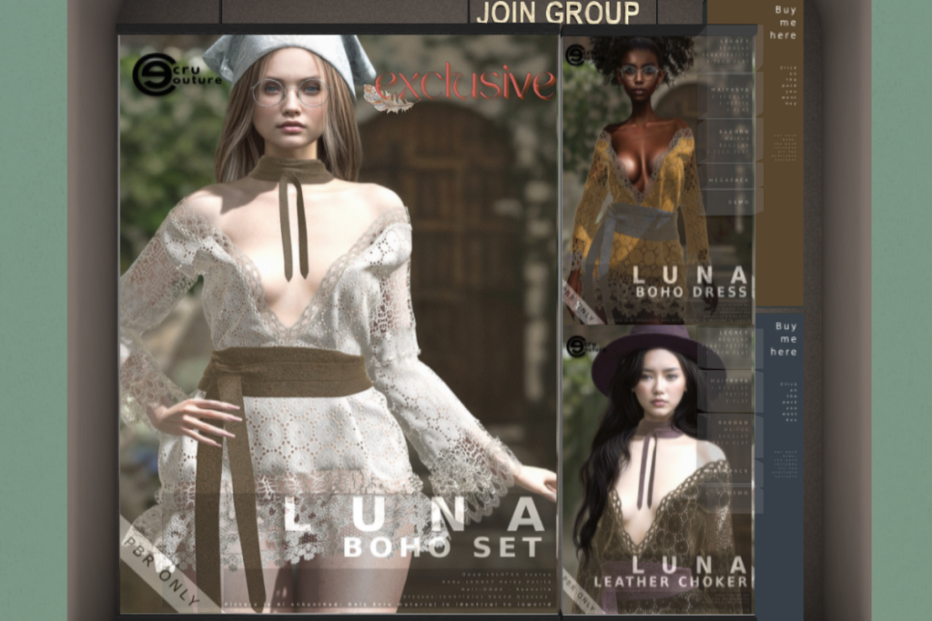 Luna Boho Set - Legacy/MaitreyaX/Reborn/+mods, L$499 each/L$999 FP | Luna Leather Choker - Legacy/MaitreyaX/Reborn/+mods, L$49 each/L$99 FP