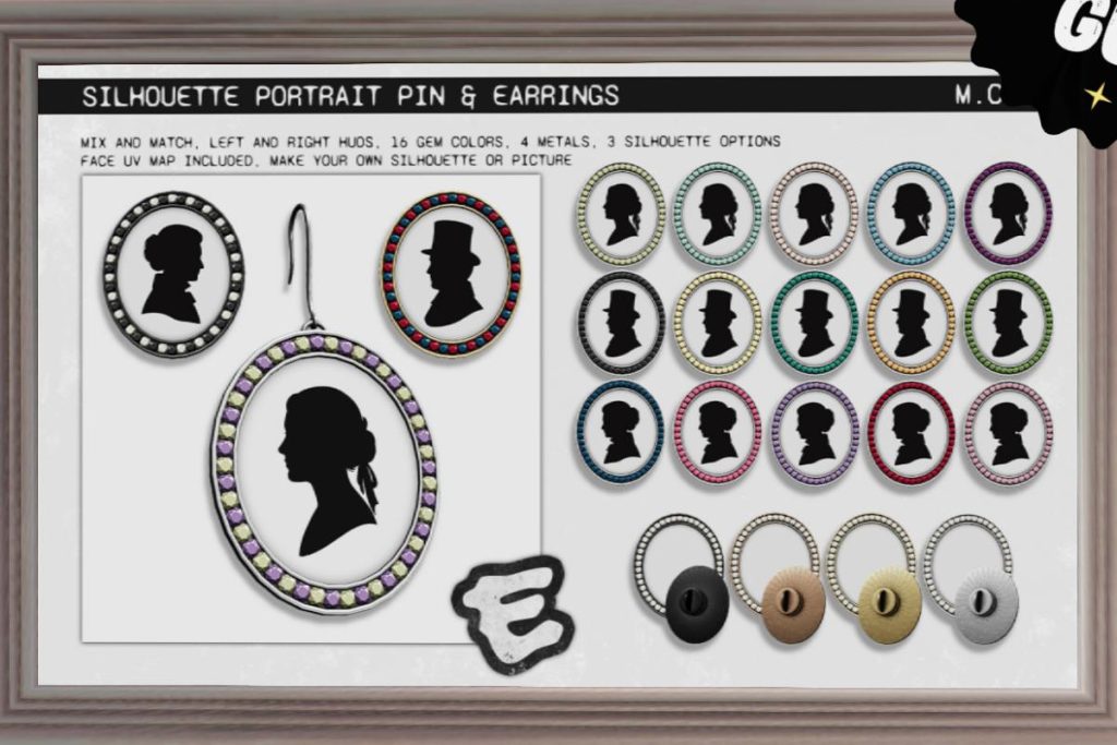 Silhouette Portrait Pin &amp; Earrings, L$299