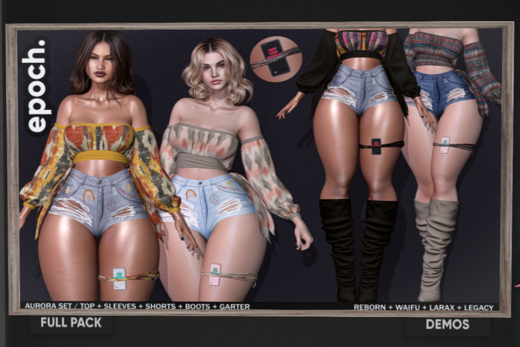 Aurora Top, Sleeves, Shorts, Garter and Boots - Legacy/MaitreyaX/Reborn/+mods, L$199 each/L$1999 FP