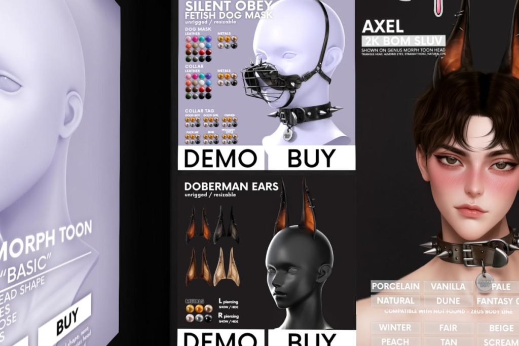 Silent Obey Dog Mask &amp; Doberman Ears, L$350-L$750 each