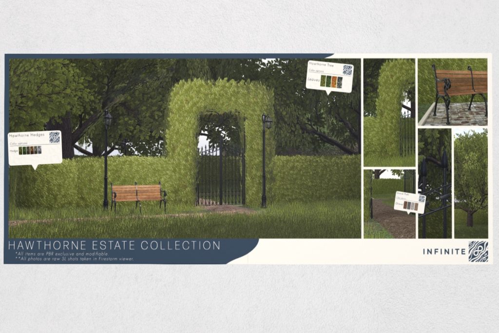 Hawthorne Estate Landscaping Collection, L$249-L$699 each/L$2499 FP