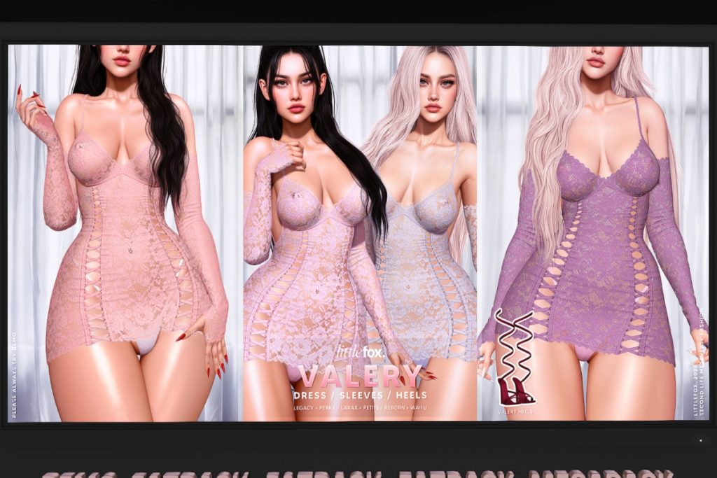 Valery Dress, Sleeves, &amp; Heels - Legacy/MaitreyaX/Reborn/+mods, L$199-L$279 each/L$1199-L$1499 each FP/L$2699 MP