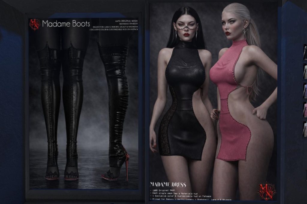 Madame Boots - Legacy/MaitreyaX/Reborn, L$350 each/L$2050 FP | Madame Dress - Legacy/MaitreyaX/Nhumana/Reborn/+mods, L$320 each/L$1990 FP
