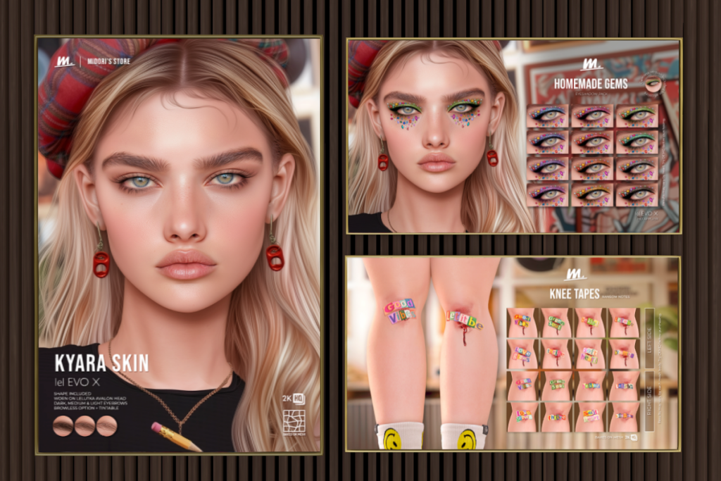 Kyara Skin - EvoX/Velour, L$699 each/L$2500 FP | Homemade Gems Eyeshadows - EvoX, L$275 | Knee Tapes - BOM, L$250