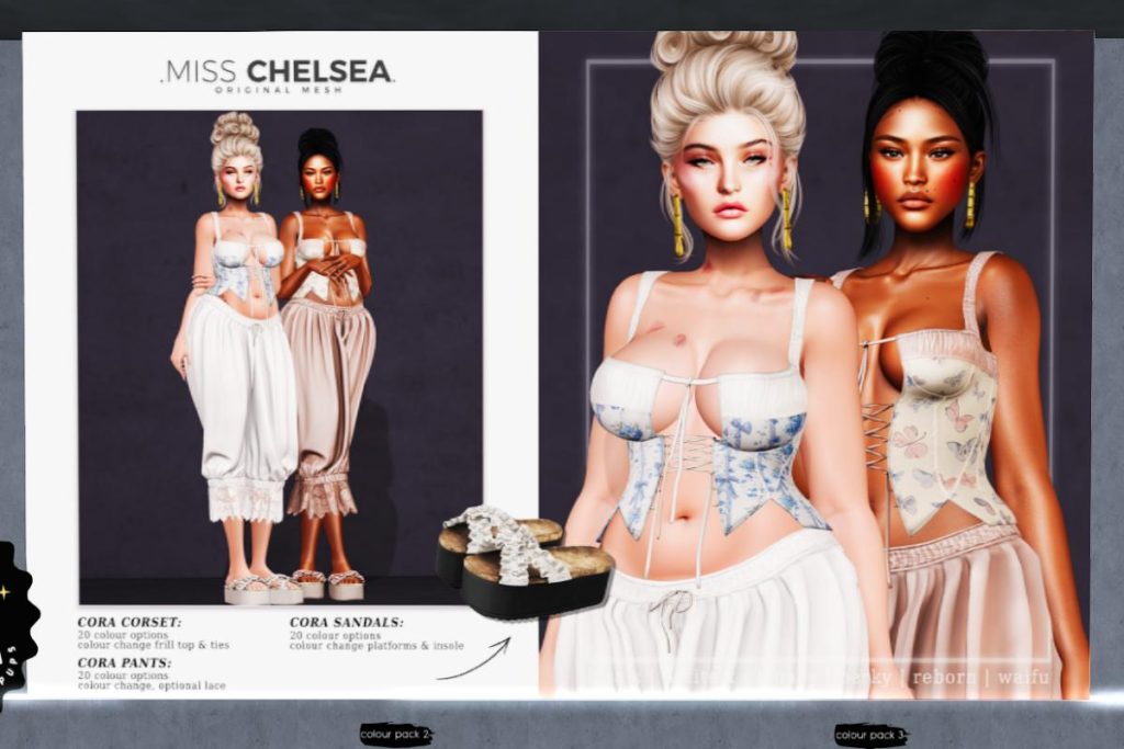 Cora Corset, Pants and Sandals - Legacy/MaitreyaX/Reborn/+mods, L$275 each/L$550-L$1499 each FP/L$2999 MP