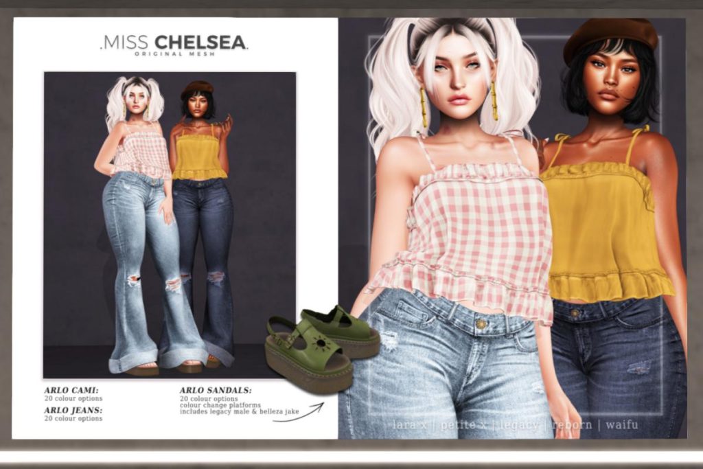 Arlo Cami, Jeans, &amp; Sandals - Legacy/MaitreyaX/Reborn/+mods, L$275 each/L$550 each color pack/L$1499 each FP/L$2999 MP